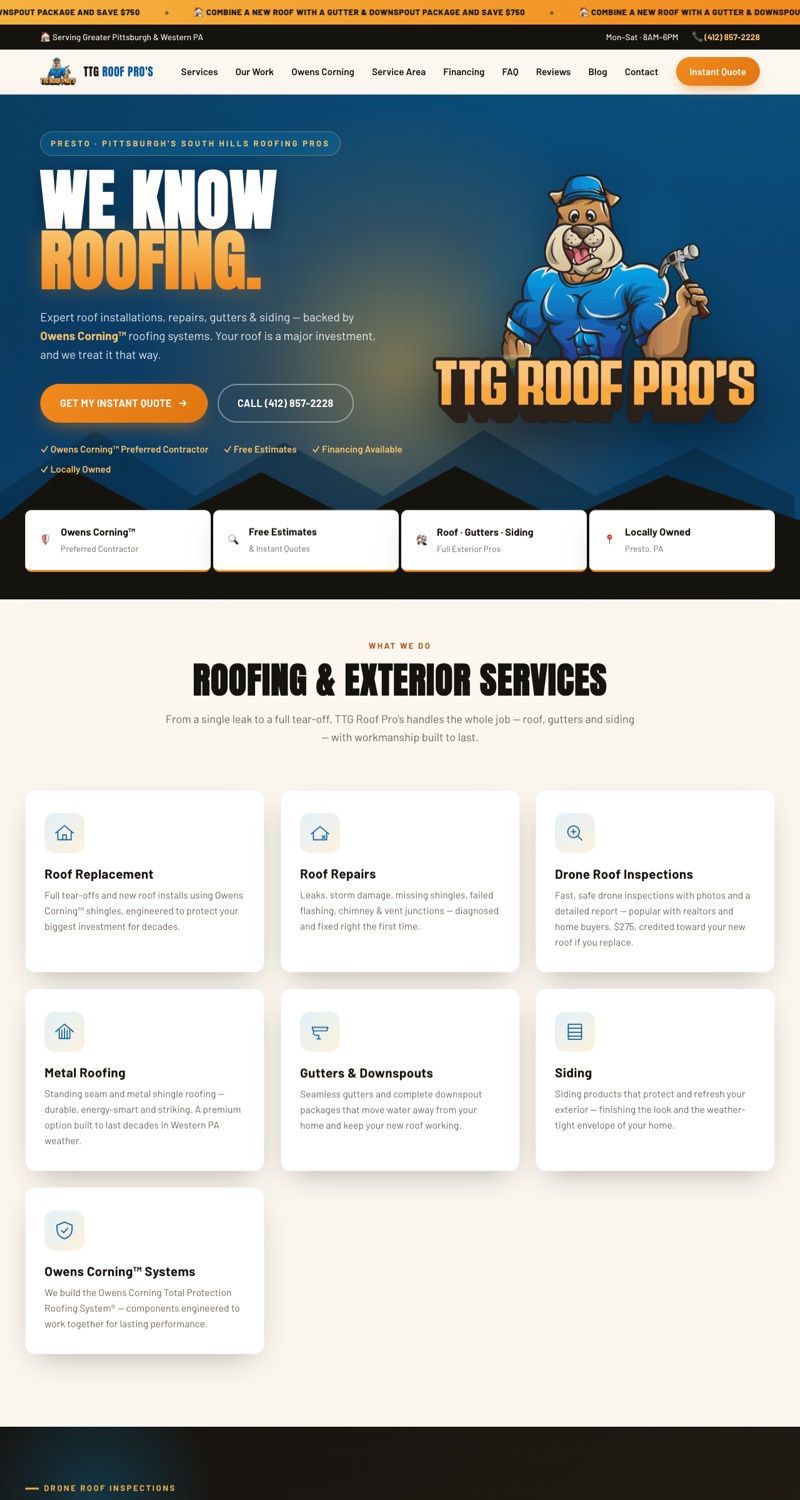 TTG Roof Pro's - Presto PA roofing, gutters, and siding contractor website designed by Caruso Tech Services